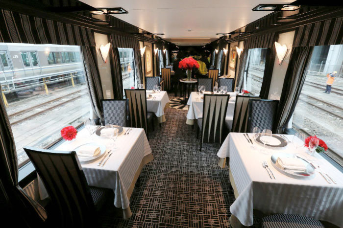 A dining car of Japan’s latest super-deluxe cruise train “Twilight Express Mizukaze” is seen during its press preview in Osaka, Japan, in this Feb. 23, 2017 file photo. — AFP