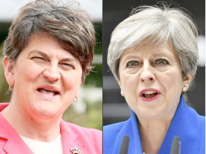 This combination of pictures shows Democratic Unionist Party (DUP) leader Arlene Foster, left and British Prime Minister and leader of the Conservative Party Theresa May. — AFP
