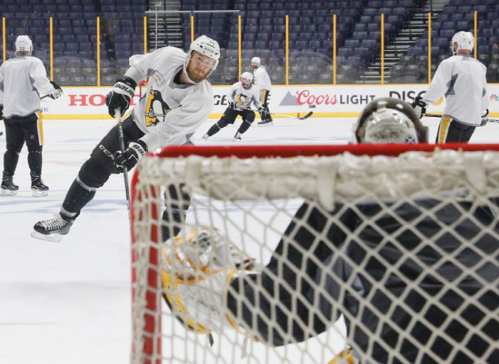 Tom Kuhnhackl No. 34 of the Pittsburgh Penguins skates in on the net during practice at the Bridgestone Arena on Sunday during the 2017 NHL Stanley Cup Finals in Nashville, Tennessee. — AFP