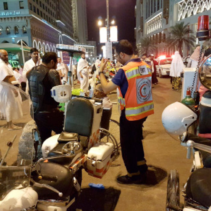 Red Crescent operates motorcycle ambulance near Grand Mosque