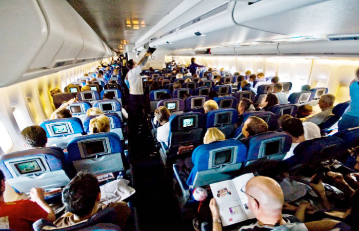 An overview of the cabin of a British Airways flight.