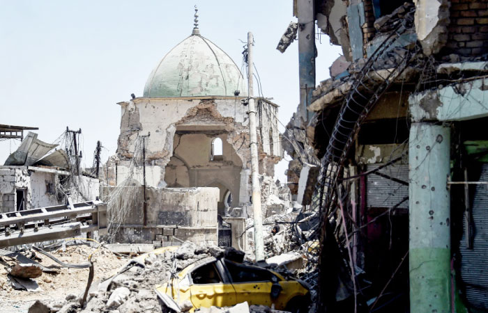 A general view shows the destroyed Al-Nuri Mosque in the Old City of Mosul. — AFP