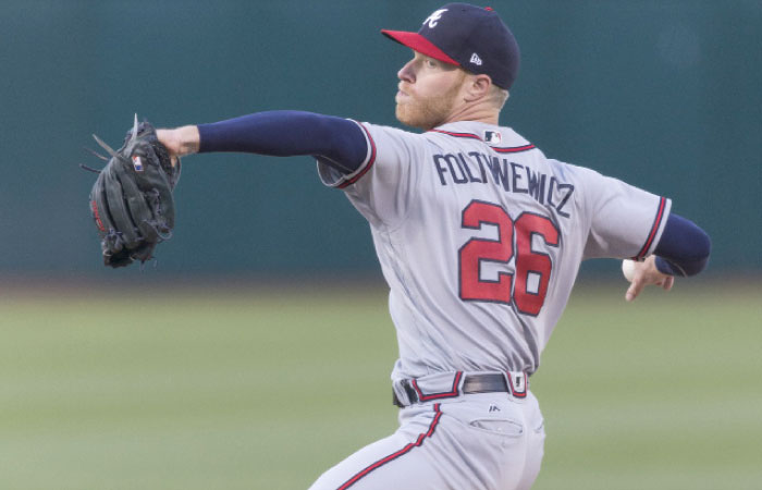 Atlanta Braves’ starting pitcher Mike Foltynewicz throws to the Oakland Athletics during their MLB game at Oakland Coliseum Friday. — Reuters